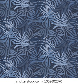 Deep dark blue seamless pattern with overlap mess of fern tropical leaves. Trendy pale colors exotic plants texture for textile, wrapping paper, surface, wallpaper, background