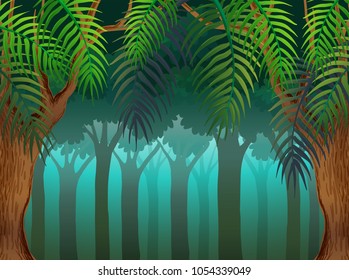 Deep dark forest scene in nature