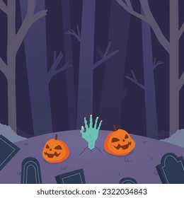 Bosque Oscuro Profundo Con La Mano Zombie Y Las Calabazas Antecedentes Ilustración Del Vector