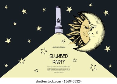 Deep dark night pajama sleepover party invitation, card, poster template in medieval engraving style
