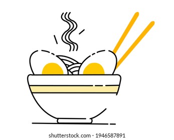 Deep dish, with a dish called ramen soup, prepared with boiled egg, on a white background