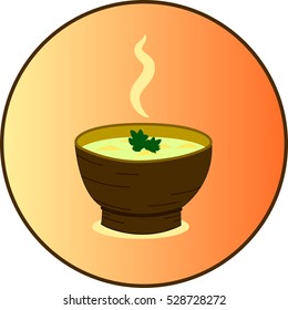 deep dish hot meal with greens in a round sign, vector illustration