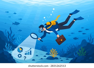 Deep dive analysis, discover business problem and improvement, research and strategy to develop and explore market and optimization, businessman scuba divi vector