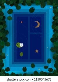deep dive to the night dream concept, reflection window night with moon and stars in the water of lilies pond, vector
