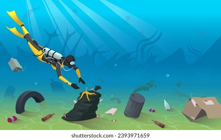 Deep diving. Cleaning ocean. Trash and garbage on sea bottom. Diver wearing full equipment, underwater travelling, blue marine water, wildlife seaweed. Undersea life. Vector illustration