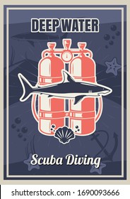 Deep diving vintage typography poster template, vector illustration. Aqualung, equipment for underwater swimming and shark. Scuba diving sport club, beach water activity, active tourism.