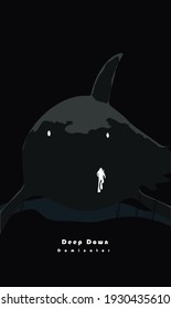 Deep down dominator, hungry big shark megalodon silhouette in underwater sea was looking at divers