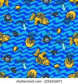 Deep down in the sea hand drawn pattern with fishes