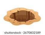 Deep earth pit with cracked brown surface. Underground cavity with rocky walls and weathered edges. Natural ground hole for adventure games and outdoor environments. Vector illustration on white