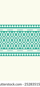 Deep Emerald Needle Craft Embroidery on Cream Background Seamless Pattern Vector. The Zigzag and Pixel art Abstract Ornament Delight Homespun Design for Tribal Decoration, Fabric, Silk Print, Saree.