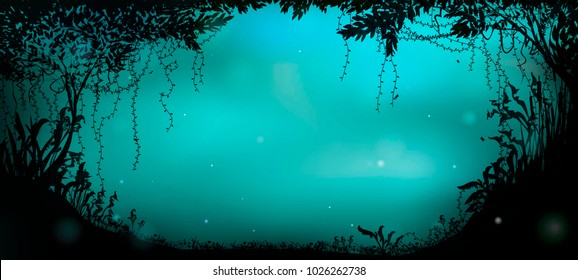 deep fairy forest silhouette at night, fireflies in the summer forest, vector