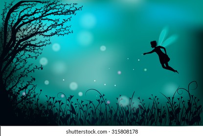  deep fairy forest silhouette at night with fairy girl and fireflies, scene 