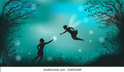 deep fairy forest silhouette at night with fairy girl and boy giving the lantern, fireflies, scene 