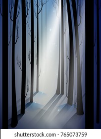 deep fairy frosty winter forest with mistery light beam, shadows, fairy winter woods, vector