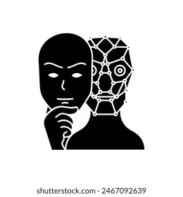 Deep fake concept robot wearing human face mask black hand drawn icon