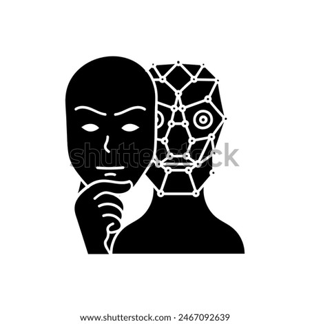Deep fake concept robot wearing human face mask black hand drawn icon