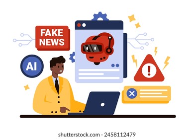 Deep fake, stop AI technology for social media, television news. Tiny man with warning messages, signs about lies of artificial intelligence, robot face on software window cartoon vector illustration