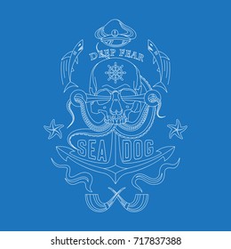 Deep Fear Sea Dog vector linear sea emblem with a skull, tentacles of an octopus, an anchor, starfish and sharks.