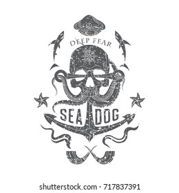 Deep Fear Sea Dog vector monochrome sea emblem with a skull, tentacles of an octopus, an anchor, starfish and sharks.