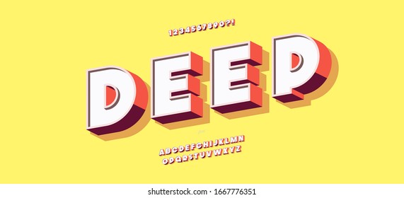 Deep font 3d bold style modern typography for poster, event decoration, motion, video, game, t shirt, book, banner, printing. Cool typeface. Trendy alphabet. Vector 10 eps