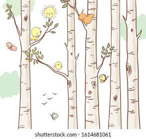 Deep forest with animals and bird