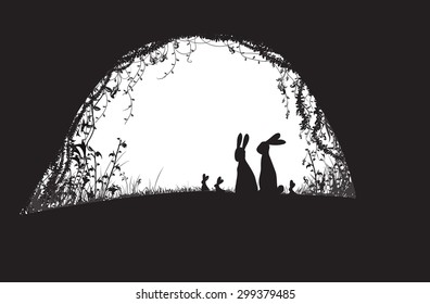 deep forest cave with family of hares, black and white, vector,