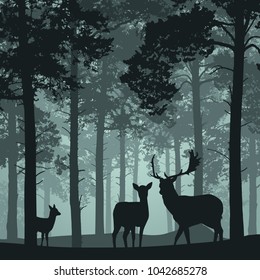 Deep forest with deer, doe and fawn - vector