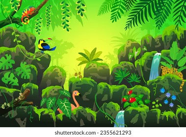 Deep forest dense jungle scenery with animals and plants.