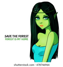Deep forest elf with black hair and green skin. Blue top. Fantasy character