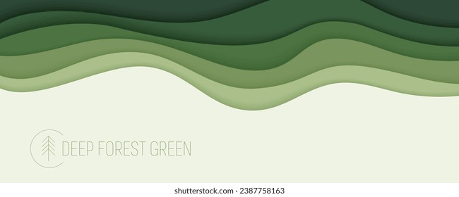 Deep forest green waves, paper art banner. Nature greenery color poster template in papercut style. Vector illustration EPS 10.