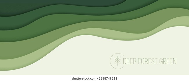 Deep forest green waves, paper art banner. Nature greenery color poster template in papercut style. Vector illustration EPS 10.