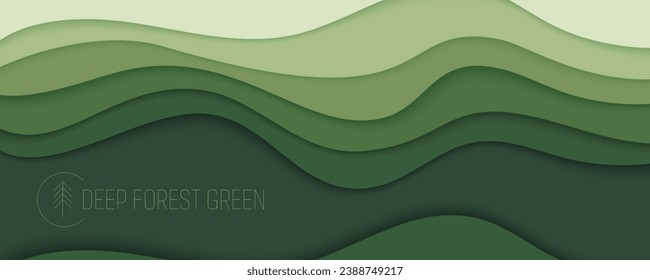 Deep forest green waves, paper art banner. Nature greenery color poster template in papercut style. Vector illustration EPS 10.