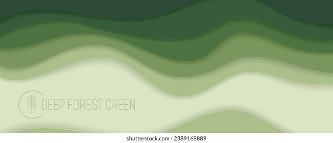 Deep forest green waves, paper art banner. Nature greenery color poster template in papercut style. Vector illustration EPS 10.