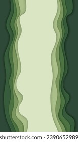 Olas verdes profundas del bosque, pancarta de arte de papel. Plantilla de afiche de color verde natural en estilo papelero. Ilustración del vector EPS 10.