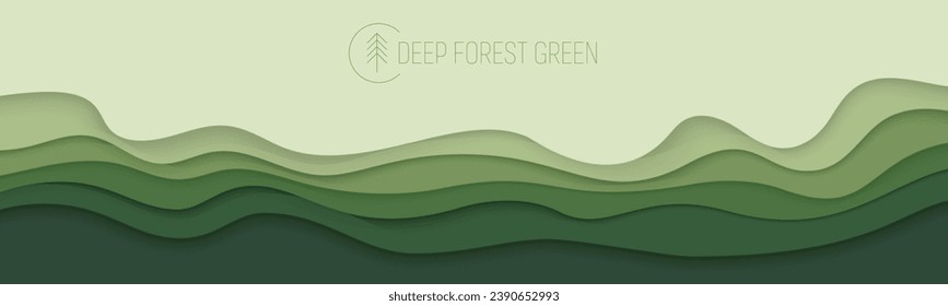Olas verdes profundas del bosque, pancarta de arte de papel. Plantilla de afiche de color verde natural en estilo papelero. Ilustración del vector EPS 10.