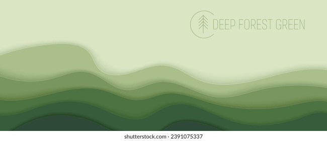 Deep forest green waves, paper art banner. Nature greenery color poster template in papercut style. Vector illustration EPS 10.