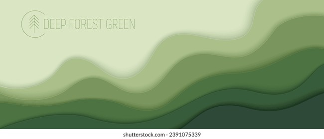 Deep forest green waves, paper art banner. Nature greenery color poster template in papercut style. Vector illustration EPS 10.