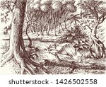 Deep forest hand drawing, river waterfall, artistic nature background