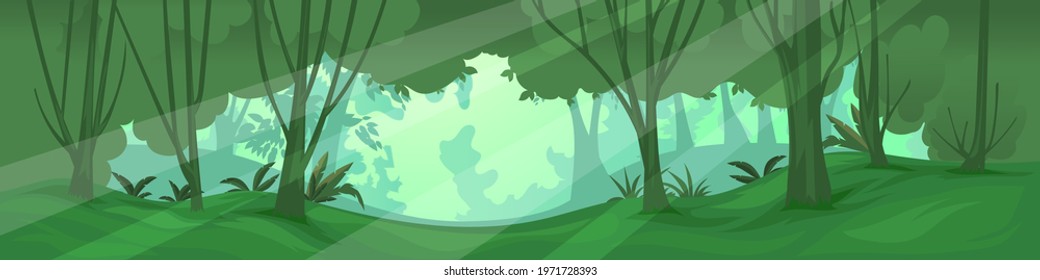 Deep forest landscape. Cartoon nature landscape with trees, green grass, bushes and sunlight spots. Horizontal view. Vector illustration.