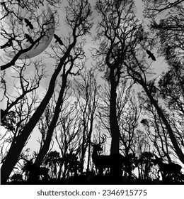 Deep forest, realistic background with eerie look of the night forest, vector illustration.