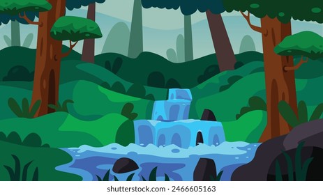 Deep forest with river waterfall vector background 