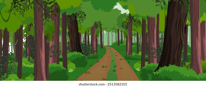 Deep Forest Road Background Vector, forest trees, middle of the forest road, Jungle Background Illustration