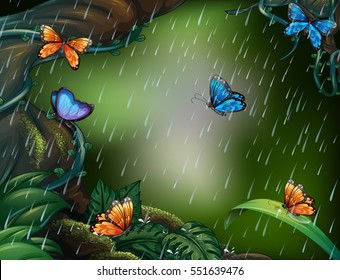 Deep forest scene with butterflies flying in the rain illustration