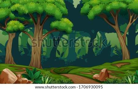 Deep forest scene with trail in the woods illustration