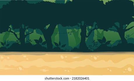 Deep forest scene with trees cartoon background vector illustration