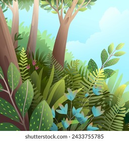 Deep forest scenery background with tree trunks leaves and branches. Green fairytale woods in summer, jungle greenery and vegetation. Vector hand drawn illustration in watercolor style for children.