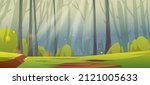 Deep forest with sunny glade, green grass and tree trunks silhouettes. Vector cartoon illustration of summer woods landscape with sunshine beams. Jungle panorama with green lawn