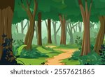 Deep Forest Walking Path Background Vector, Forest background illustration, trees, bushes, walk path, jungle illustration