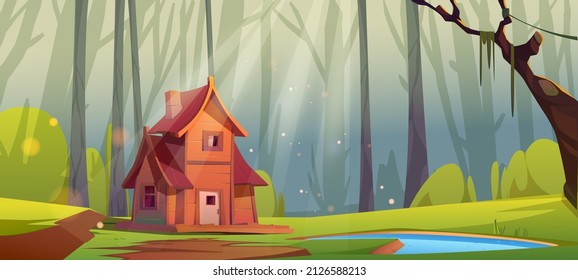 Bosque profundo con casa de madera y estanque. Dibujo vectorial del paisaje de los bosques de verano con cabaña forestal sobre el vidrio, hierba y arbustos verdes, troncos de árboles y sendero