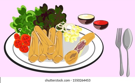 Deep fried bread wrapped in ham, cheese, food dish and dipping sauce
